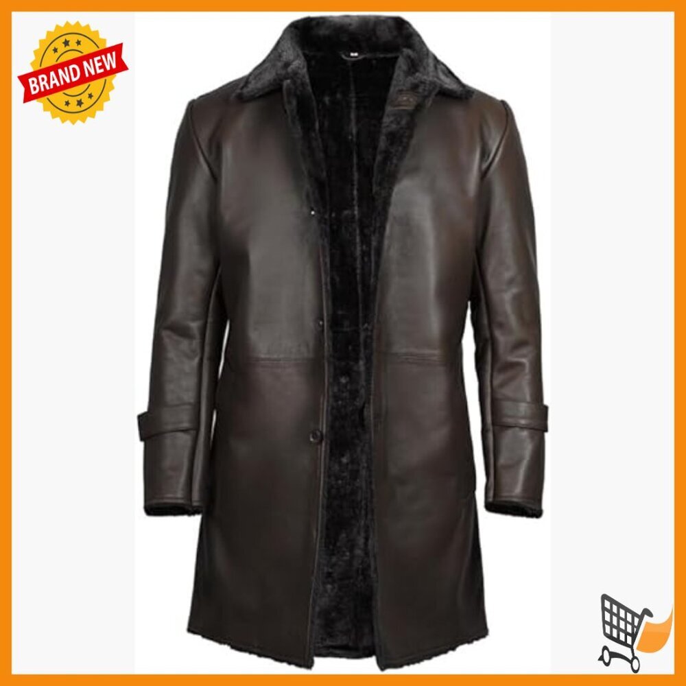 Men's Leather Shearling Coat, Fitted Long Sleeve Trench Style
